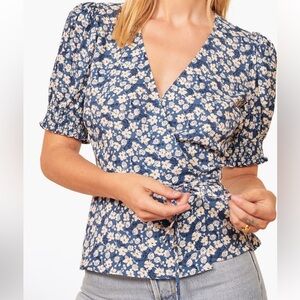 Reformation Blue Floral Wrap Blouse XS Cottagecore Coquette Summer Top